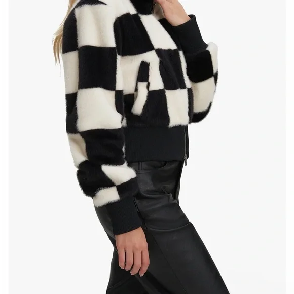 Noize Checkered Teddy Jacket Black White | Soft Faux Fur Cozy Statement Coat - Picture 6 of 8